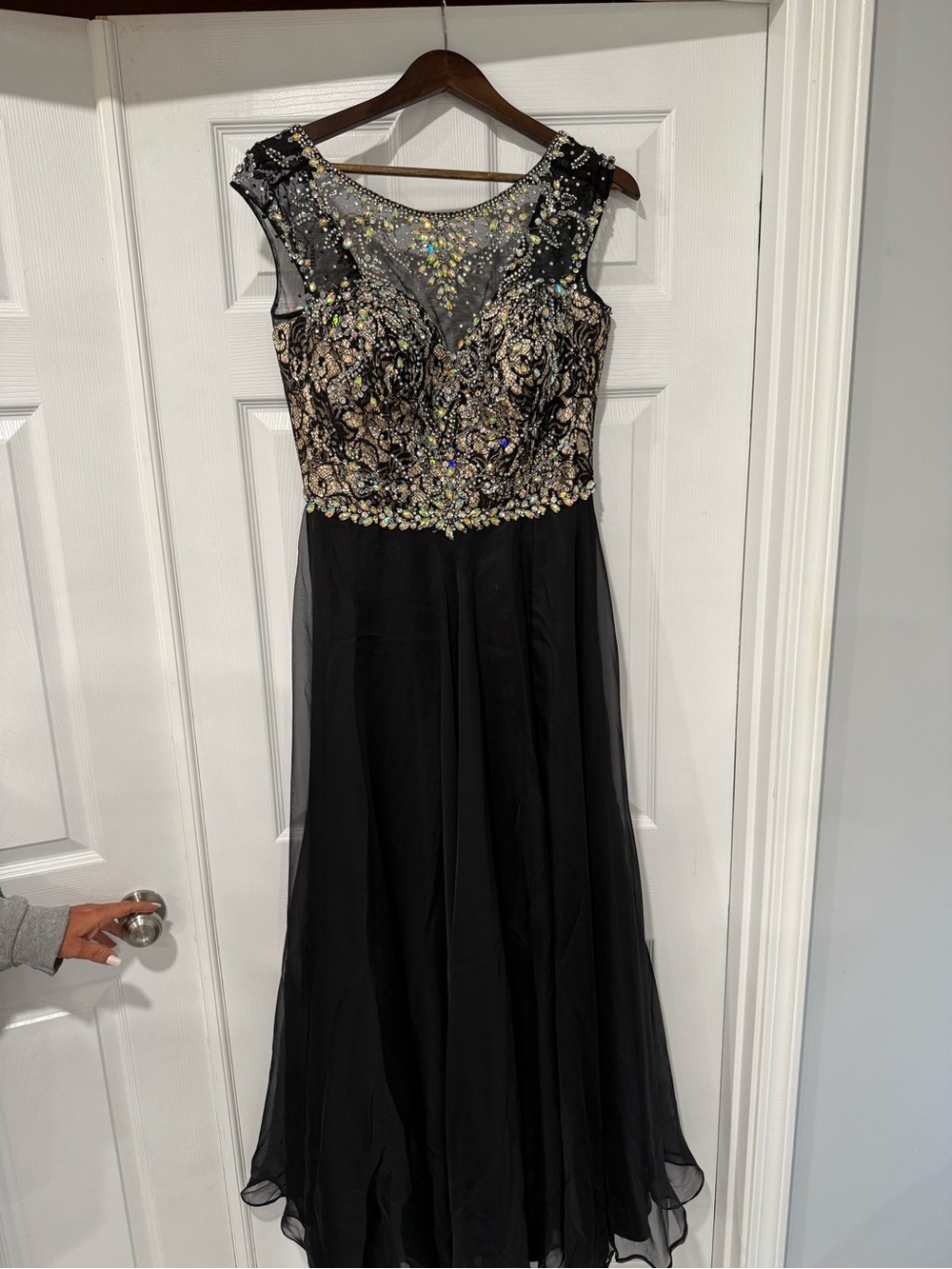 Mac Duggal Black Evening Gown with Gold and Iridescent Embellishment